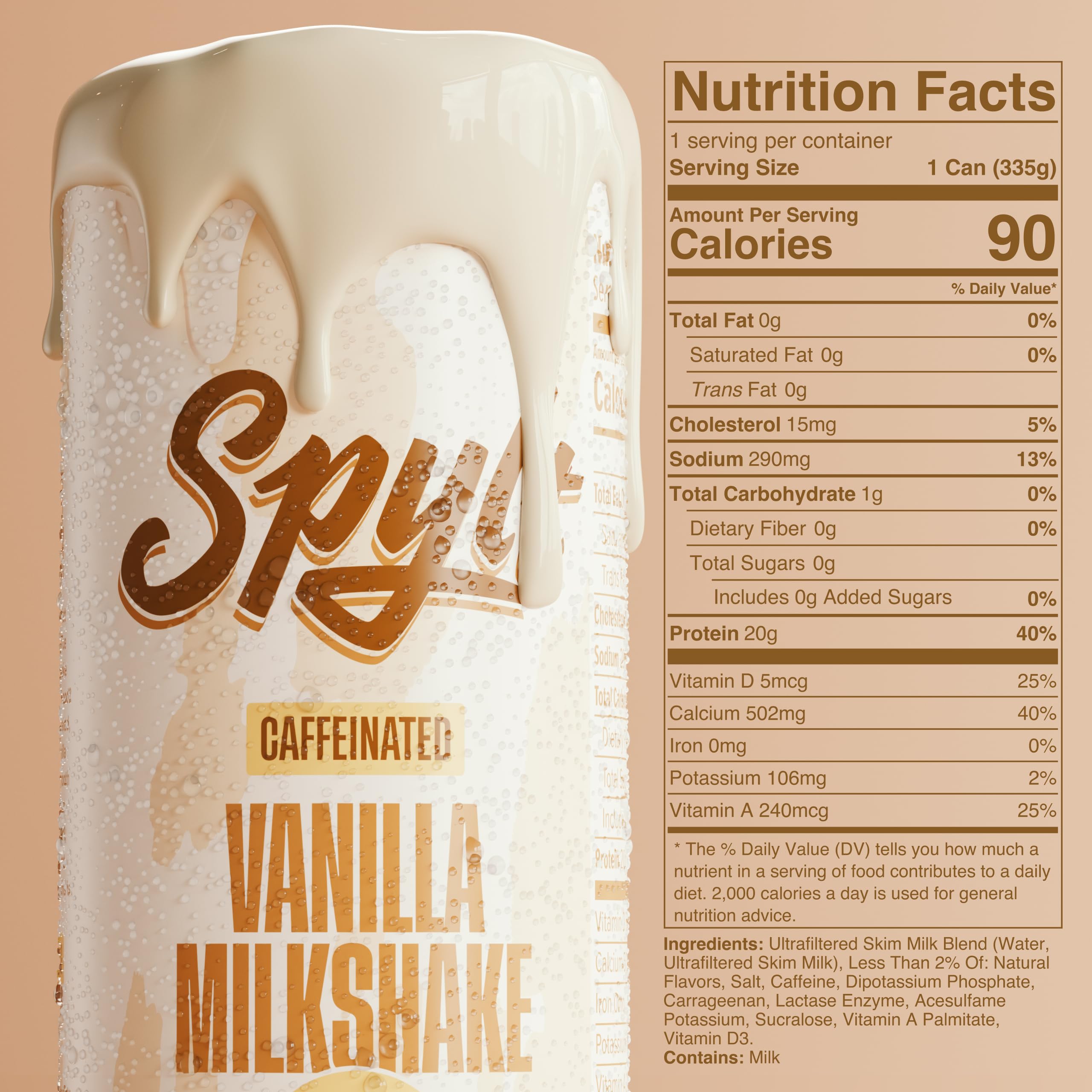 Spylt vanilla milkshake pour into glass reveals creamy texture and caffeine boost.