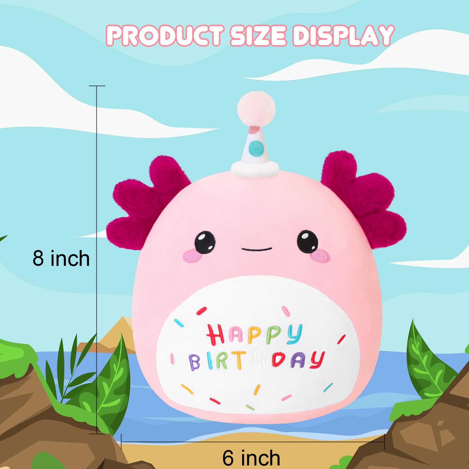 SQEQE 8-inch pink axolotl plush displayed as a cute decor piece