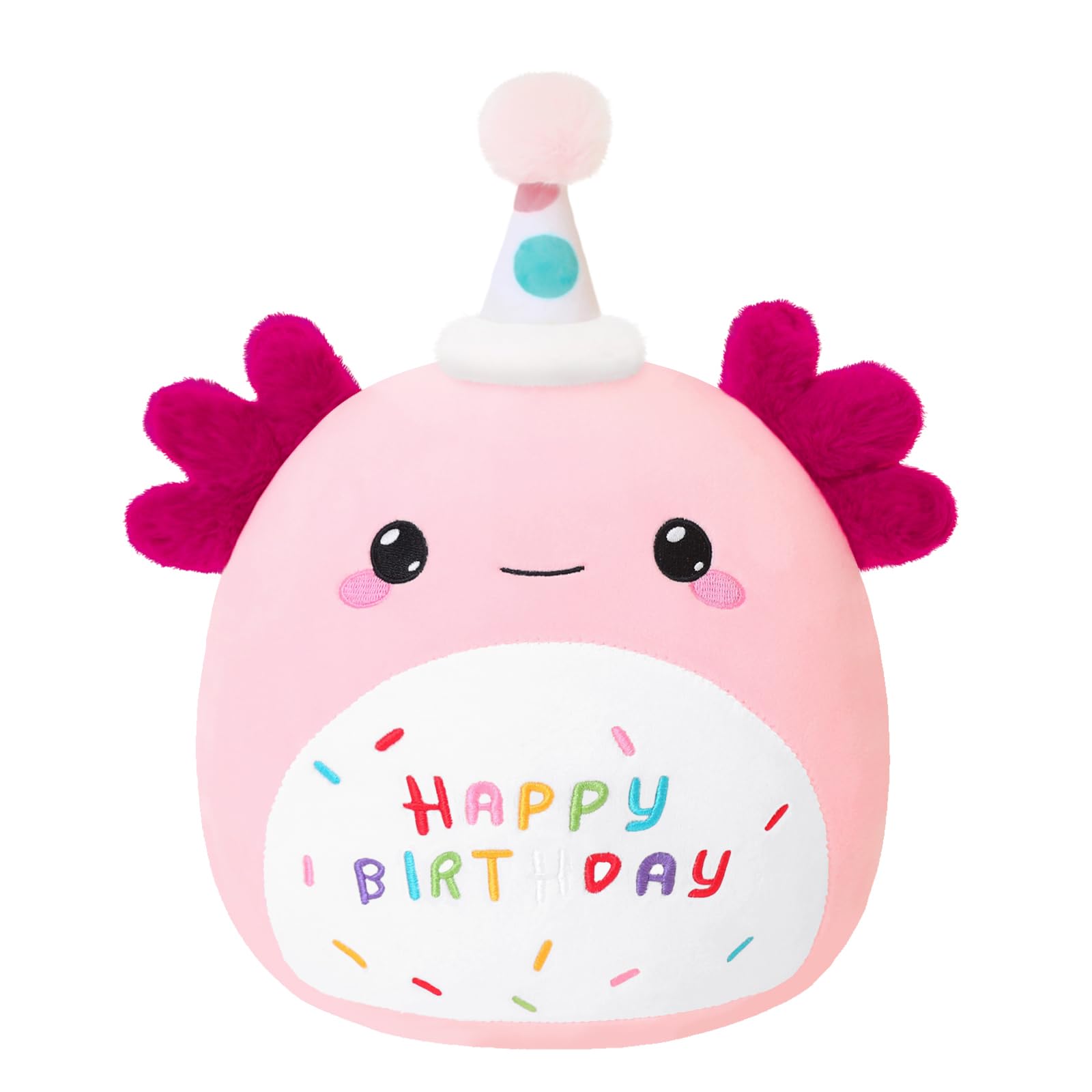 SQEQE Happy Birthday Axolotl plush with party hat, soft cuddle buddy for kids