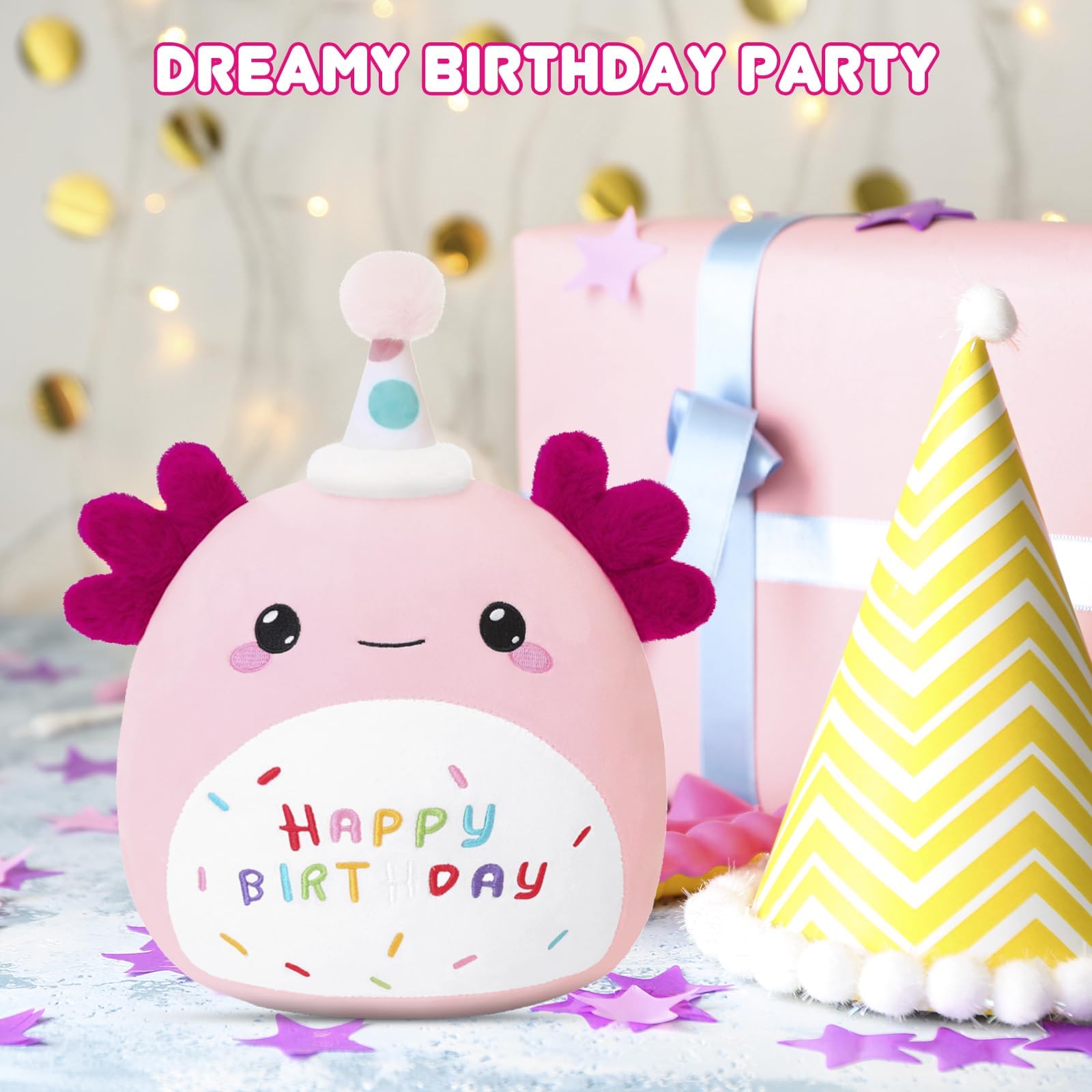 SQEQE Axolotl plush used as party decor on a sofa
