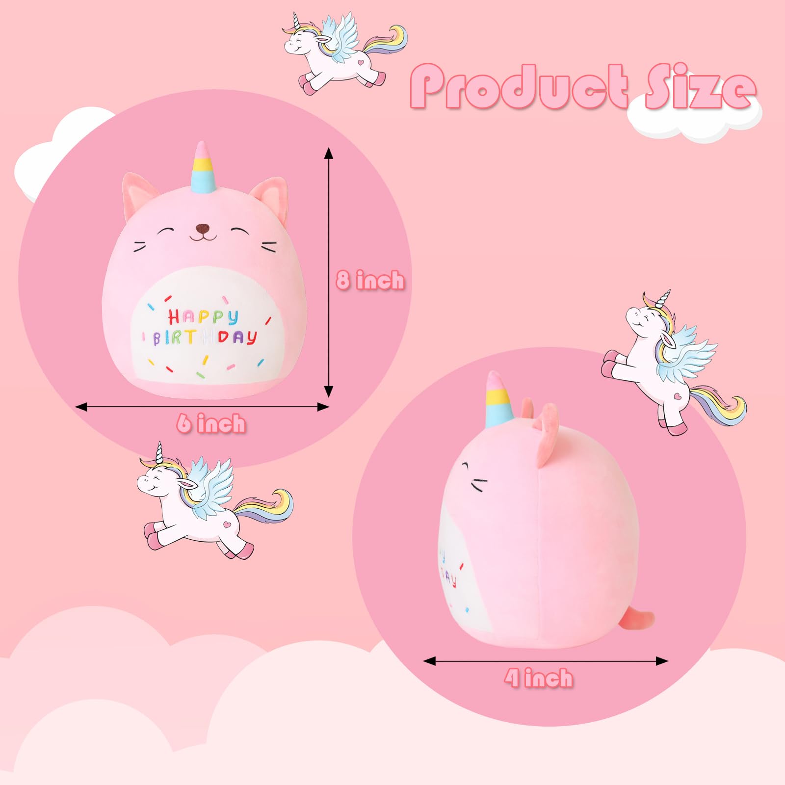 SQEQE Unicorn Cat Plush with birthday sign, festive cuddle buddy