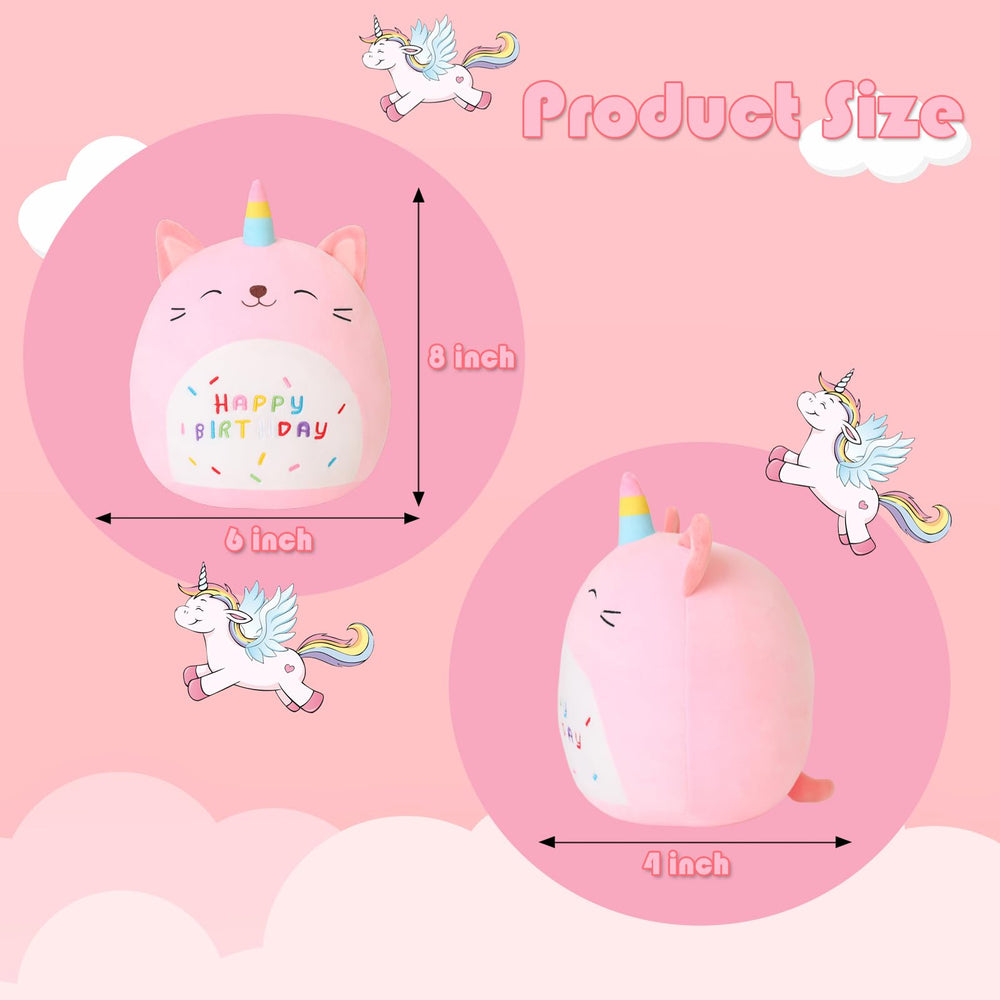 SQEQE Unicorn Cat Plush with birthday sign, festive cuddle buddy