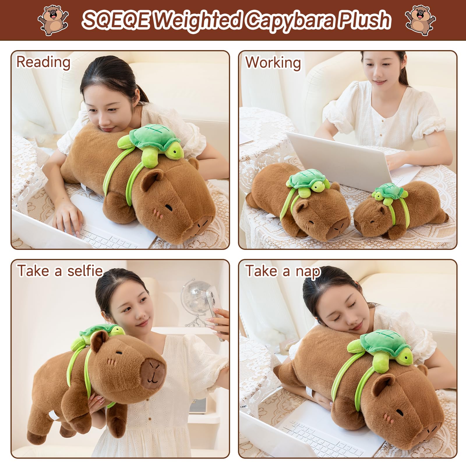 SQEQE weighted capybara plush packaging presented as a gift option