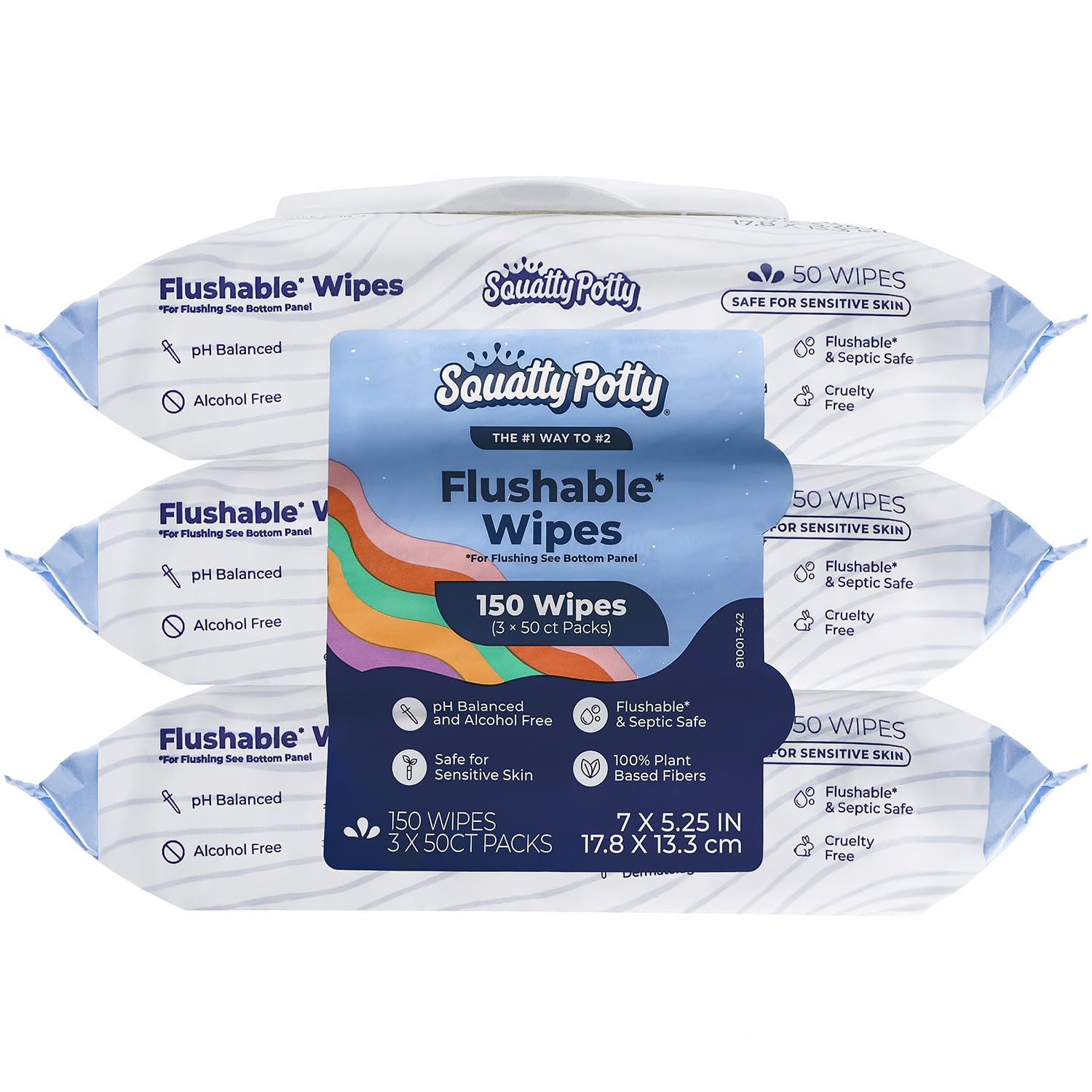 Squatty Potty flushable wipes 3-pack front view, strong yet gentle for daily cleansing