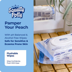 Squatty Potty flushable wipes 3-pack package view, convenient on the go and septic safe use
