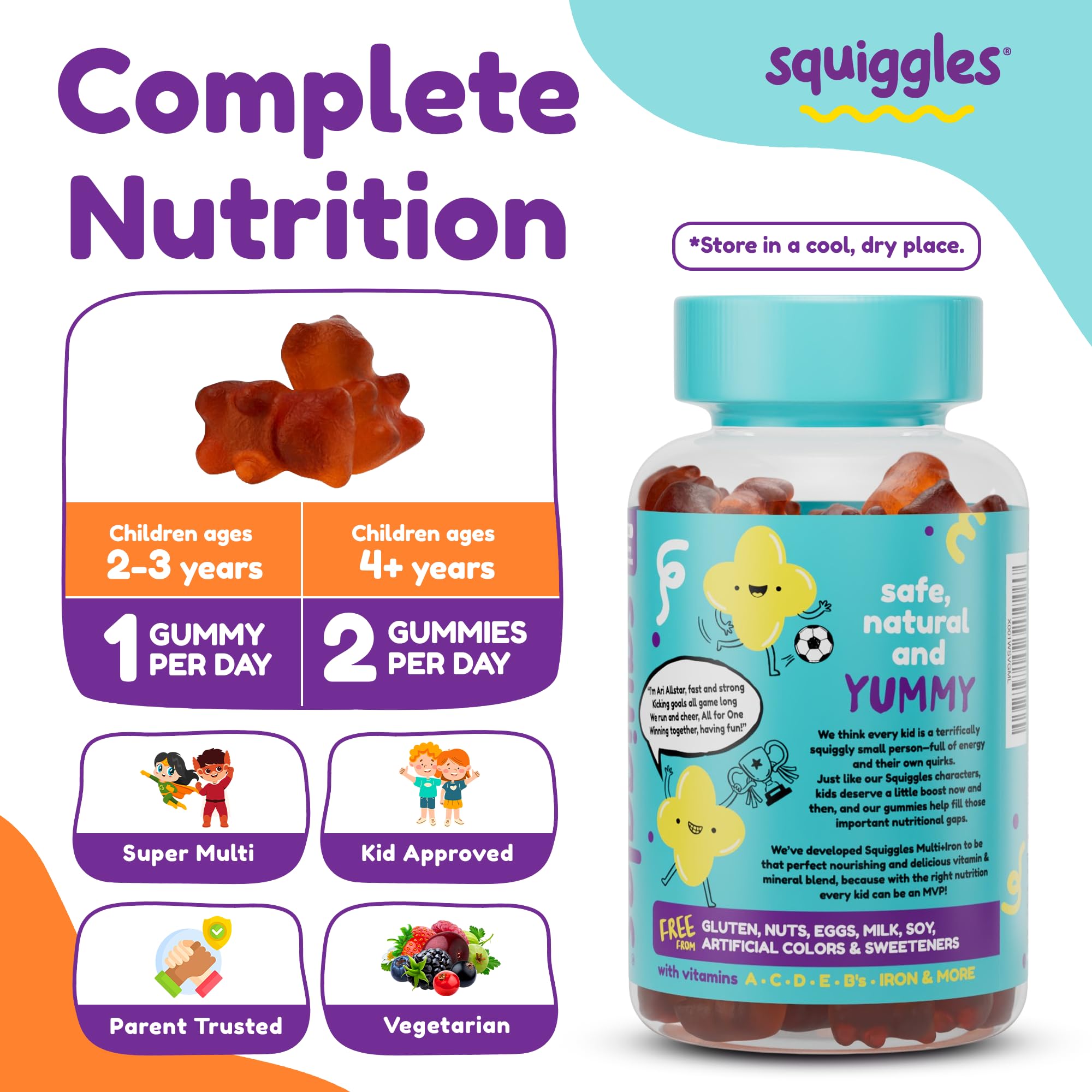 Squiggles iron gummy image highlighting iron support for healthy blood levels.
