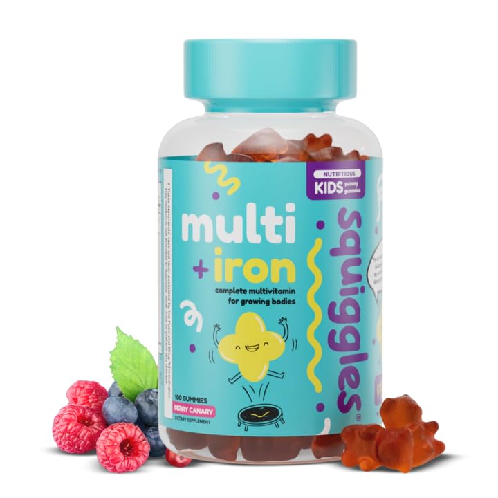 Squiggles Kids Multivitamin with Iron gummies in a bottle for daily energy support.