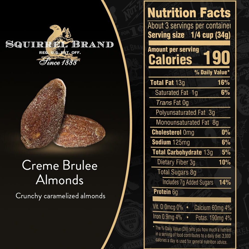 Squirrel Brand Crème Brulee Almonds bag back-label detailing gluten-free and vegetarian notes.