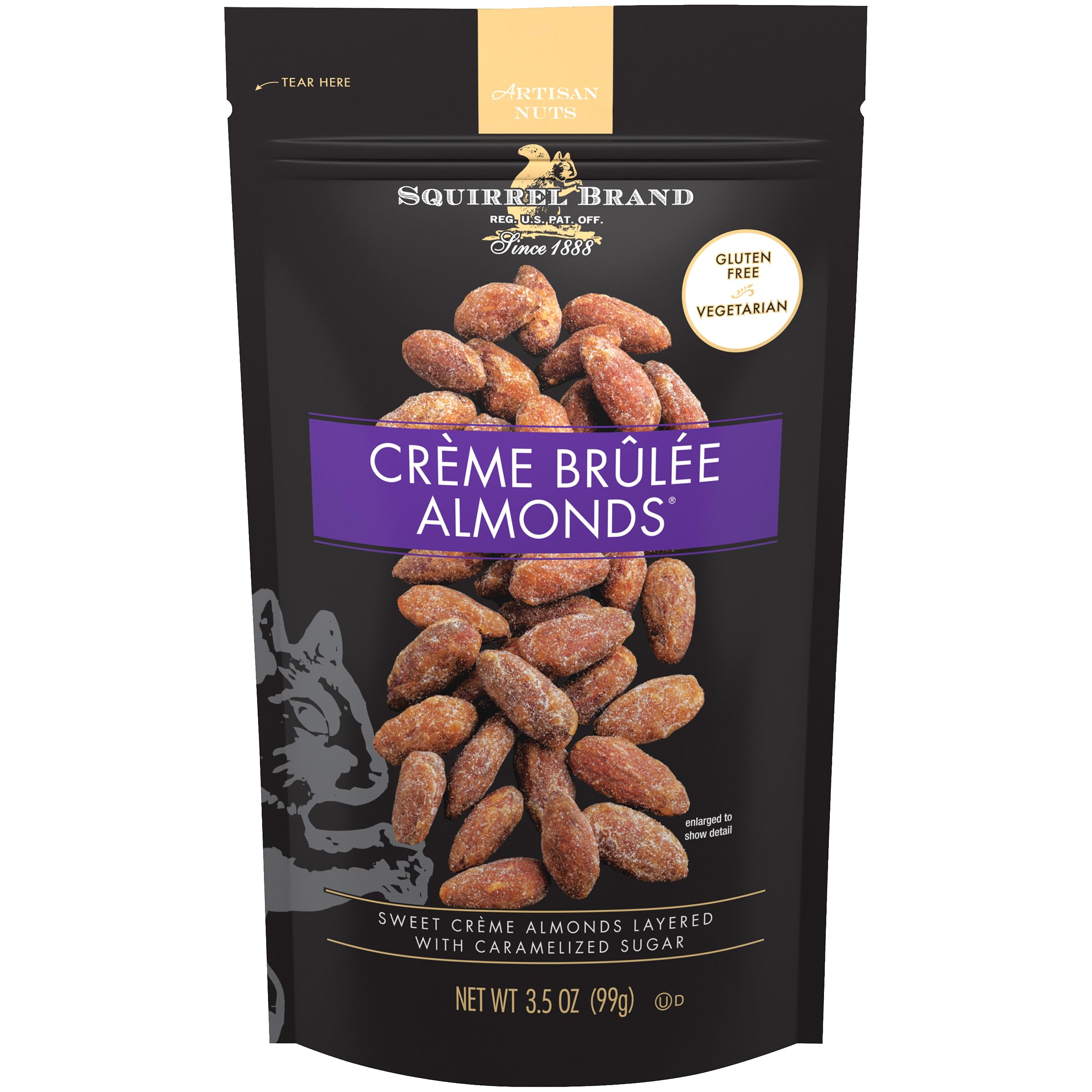 Squirrel Brand Crème Brulee Almonds bag front with premium packaging and indulgent flavor cues.