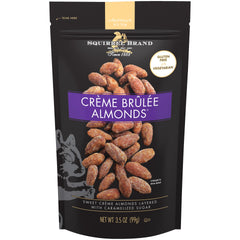 Squirrel Brand Crème Brulee Almonds bag front with premium packaging and indulgent flavor cues.