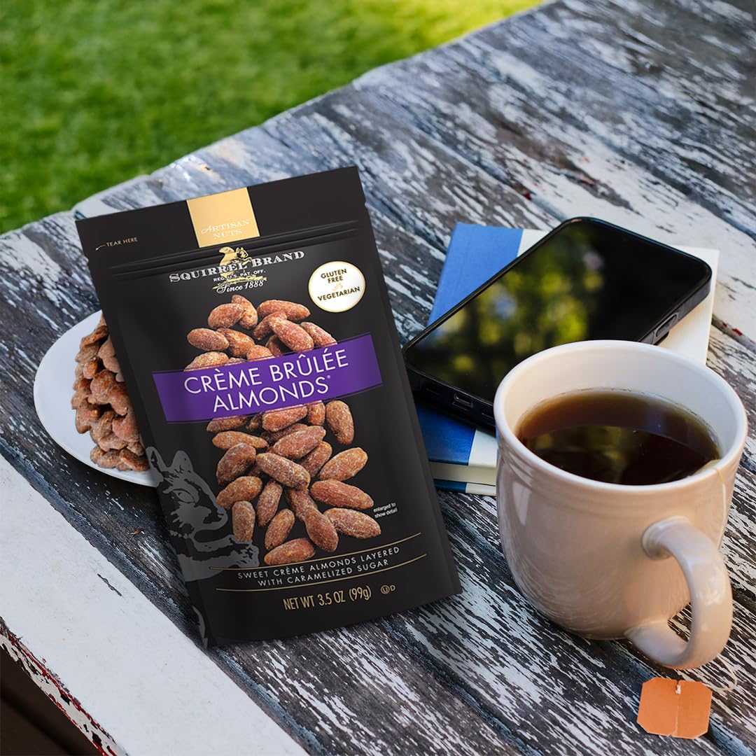 Squirrel Brand Crème Brulee Almonds resealable bag preserving flavor and freshness.
