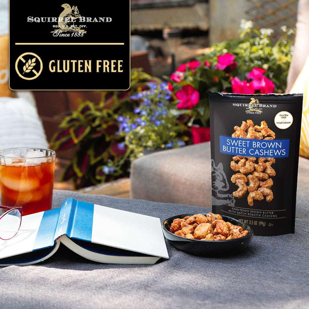 Squirrel Brand Sweet Brown Butter Cashews with crispy coating for a tasty snack.