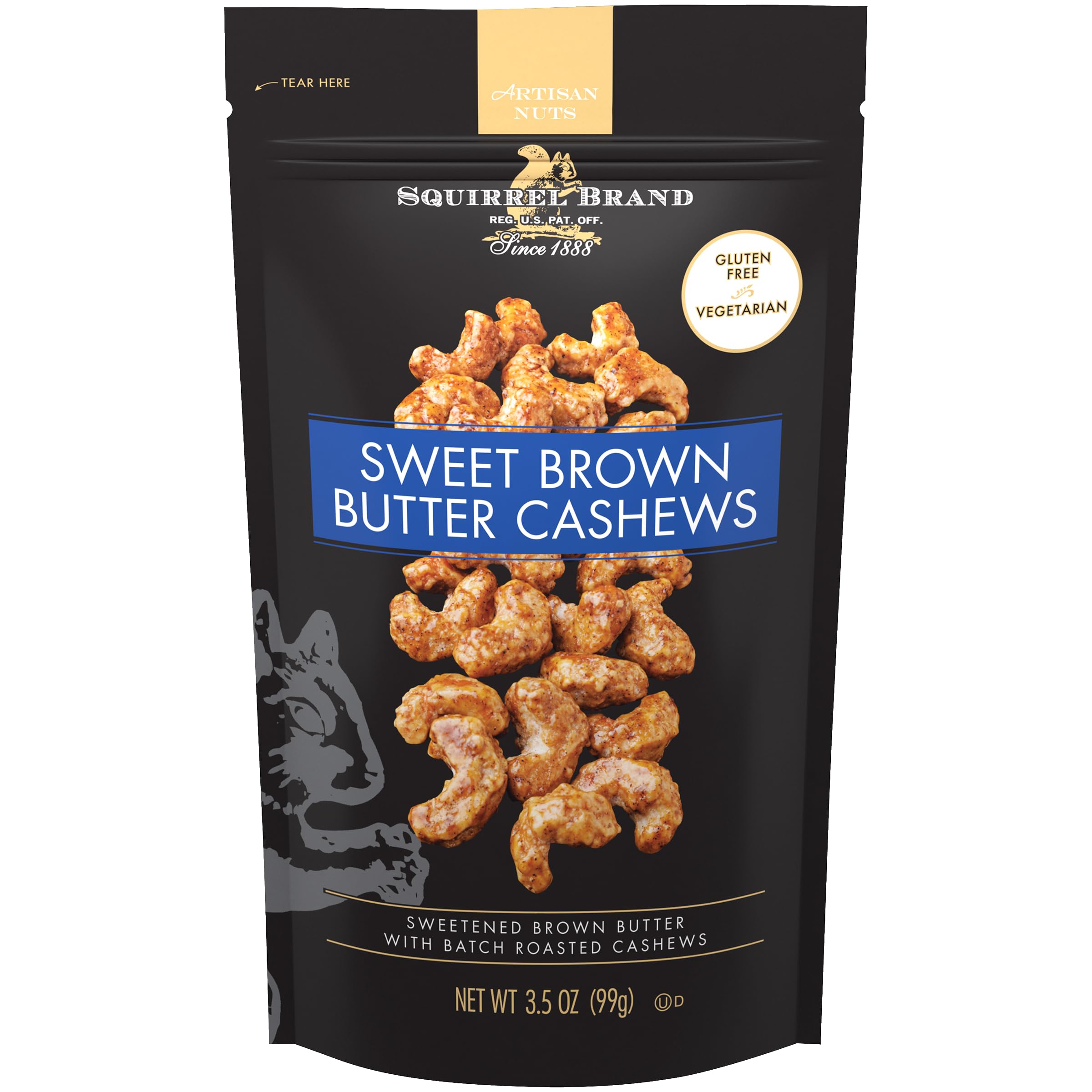 Squirrel Brand Sweet Brown Butter Cashews in a resealable bag for on-the-go snacking.