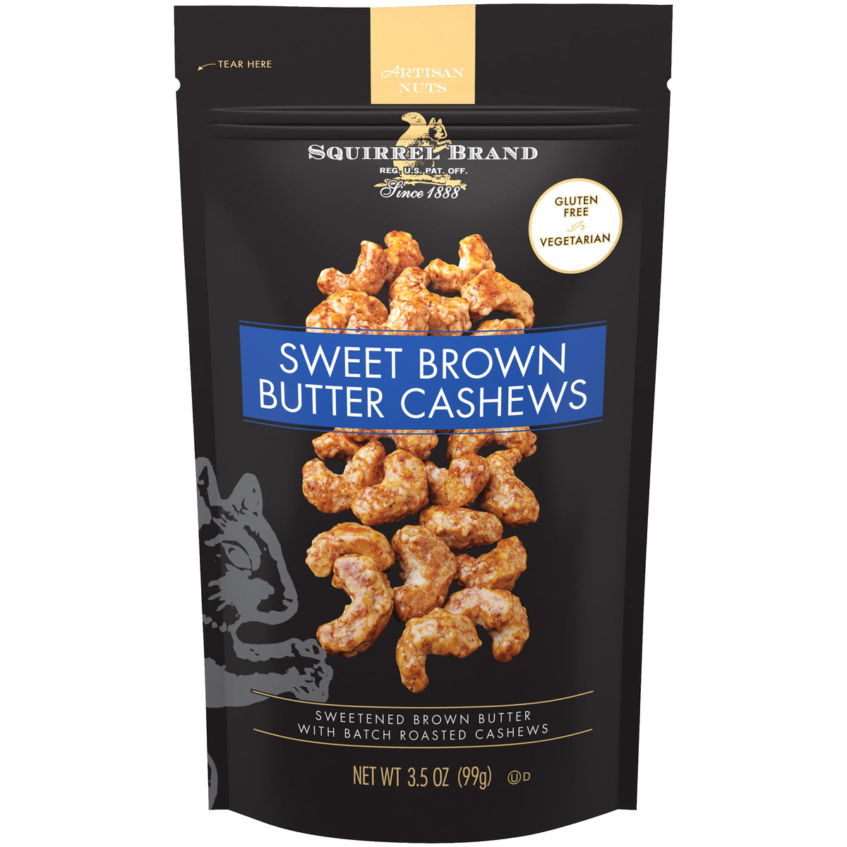 Squirrel Brand Sweet Brown Butter Cashews in a resealable bag for on-the-go snacking.