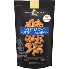 Squirrel Brand Sweet Brown Butter Cashews in a resealable bag for on-the-go snacking.