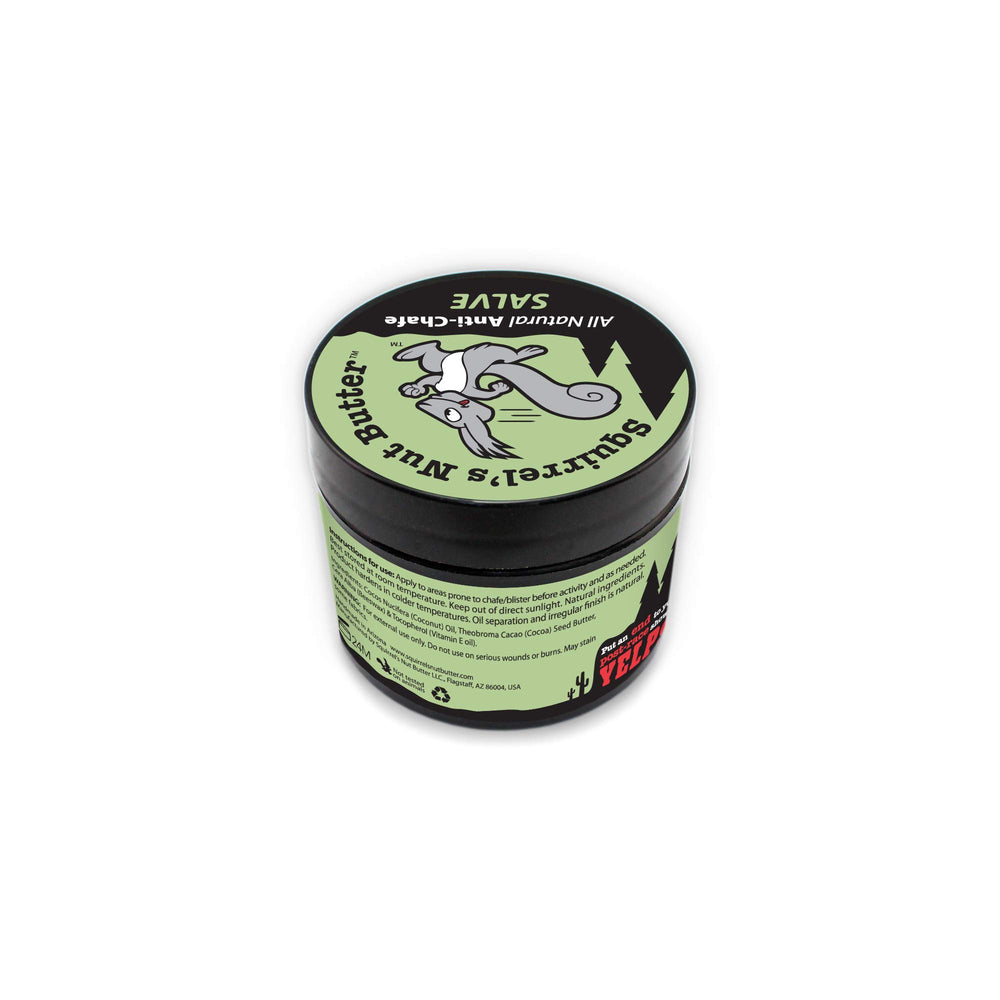 Squirrel's Nut Butter ingredients label highlights coconut oil and cocoa butter for skin-friendly care.