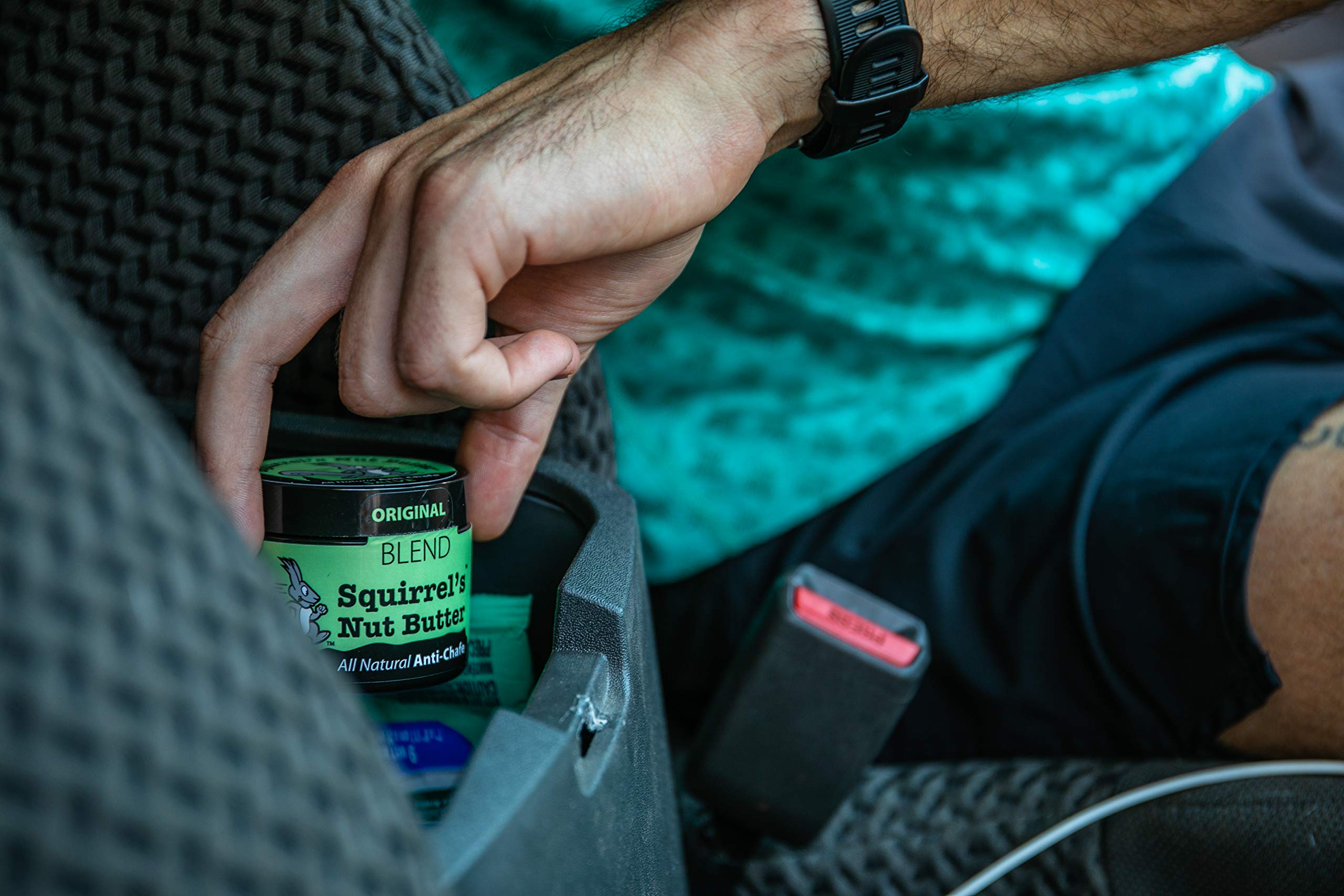 Squirrel's Nut Butter on arm, helps prevent skin irritation during long runs.