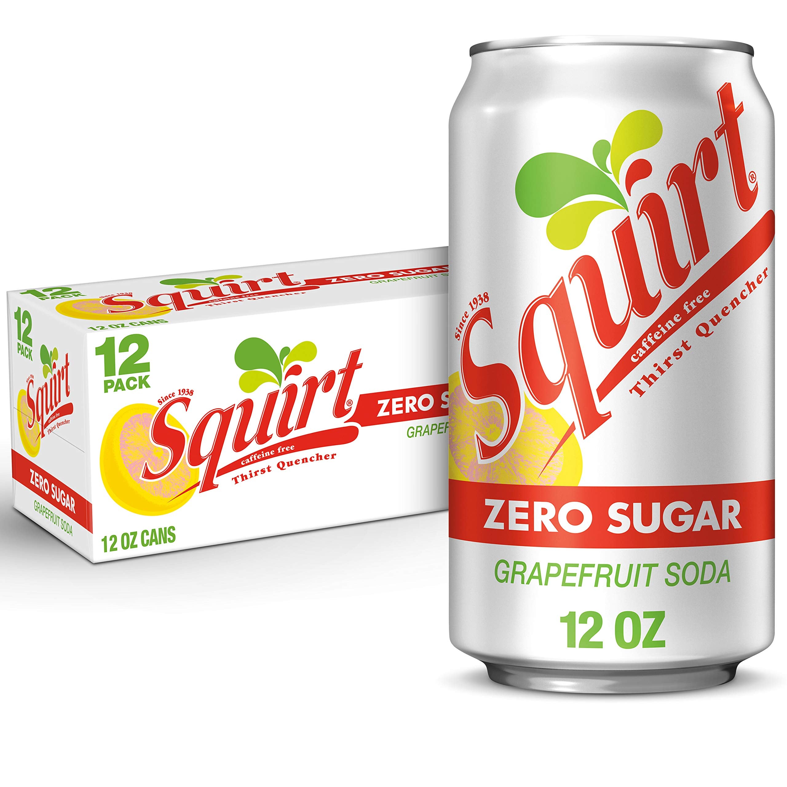 Squirt Zero Sugar grapefruit soda can front shows crisp citrus for a refreshing break.