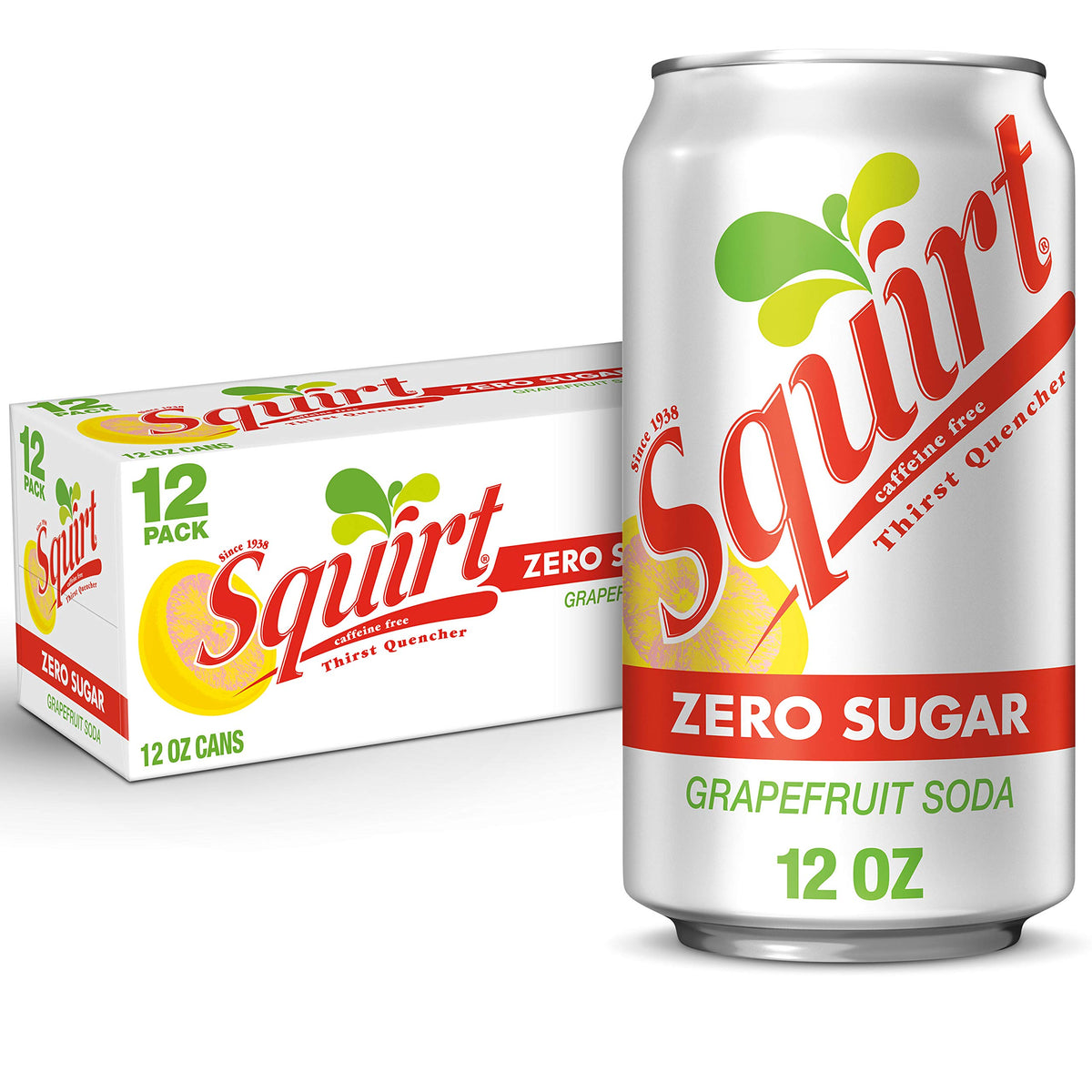 Squirt Zero Sugar grapefruit soda can front shows crisp citrus for a refreshing break.