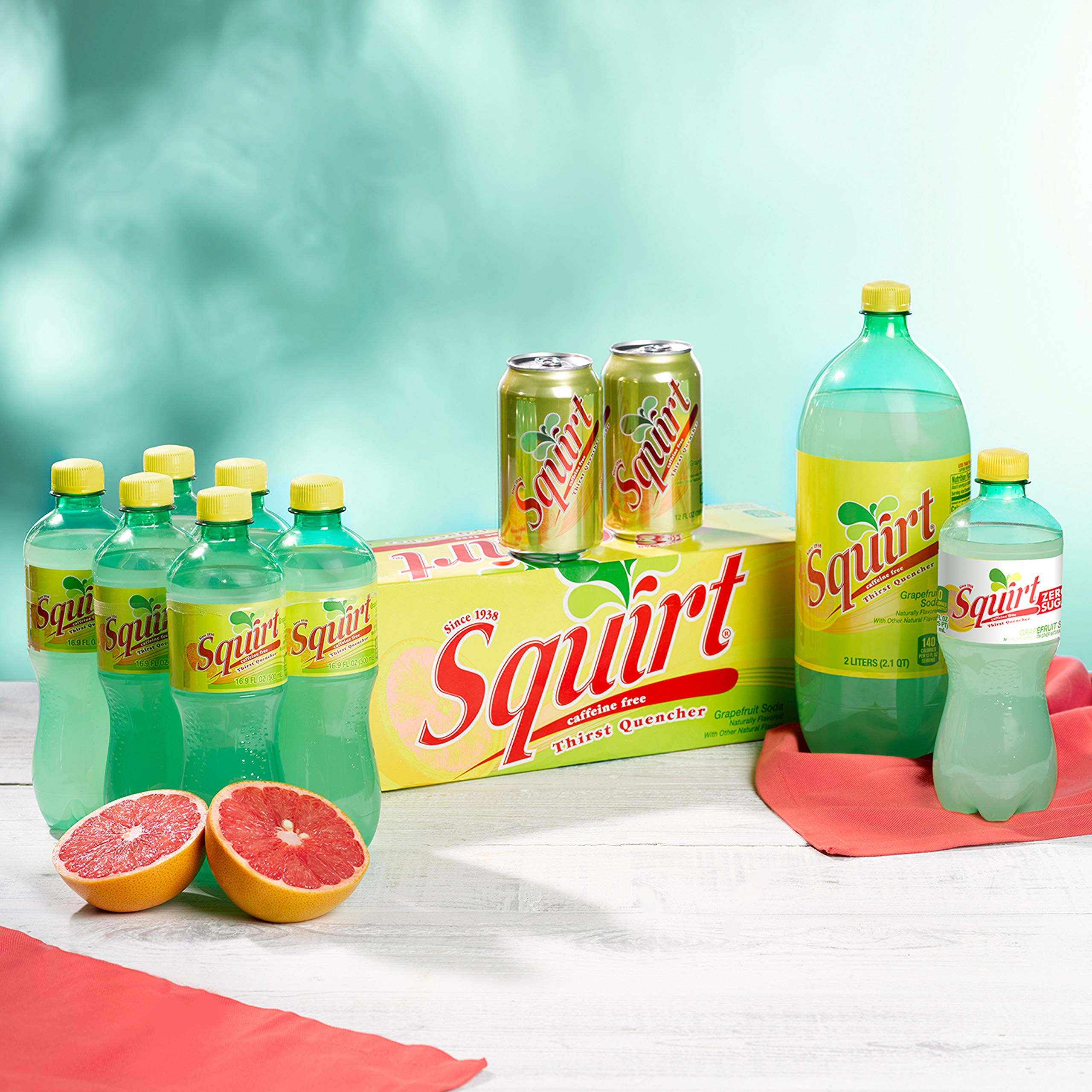 Glass with ice and Squirt Zero Sugar emphasizes refreshing caffeine-free chill.