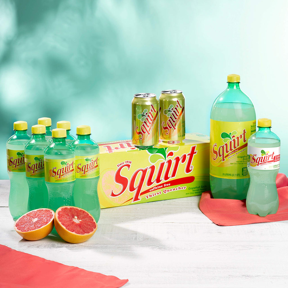 Glass with ice and Squirt Zero Sugar emphasizes refreshing caffeine-free chill.