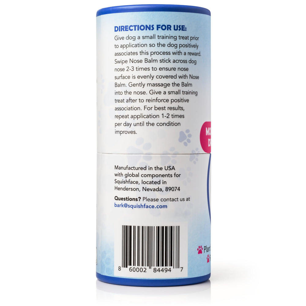 Squishface Nose Balm being applied to a dog's nose for gentle hydration.