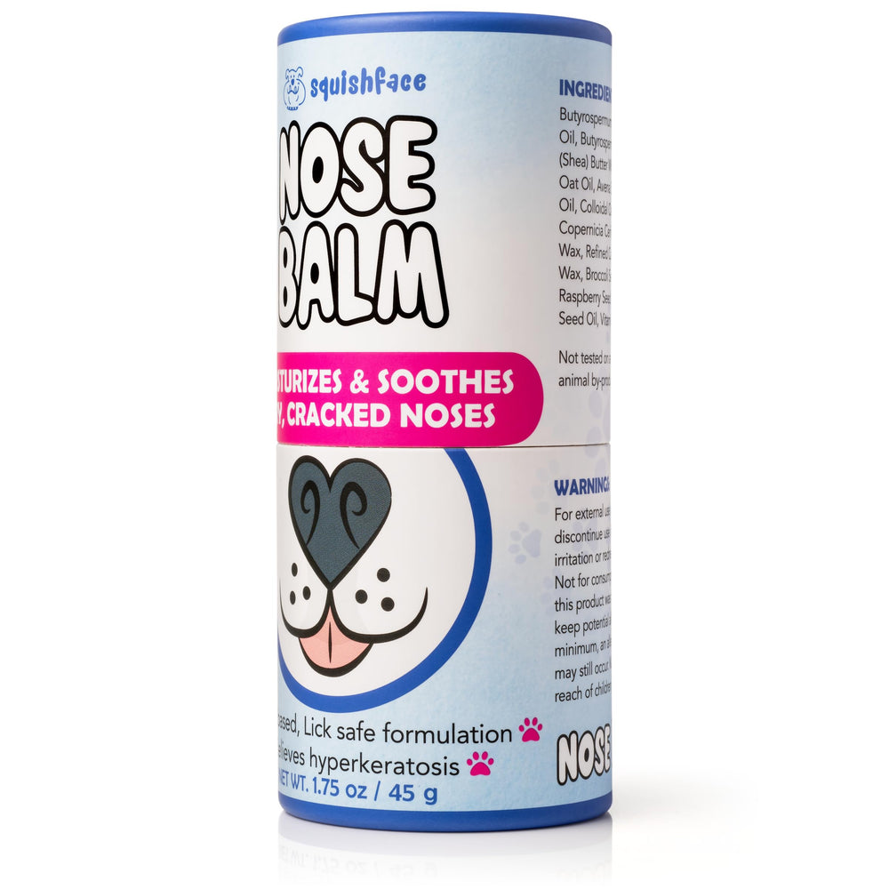 Squishface Nose Balm applied on a dog's nose during a walk.