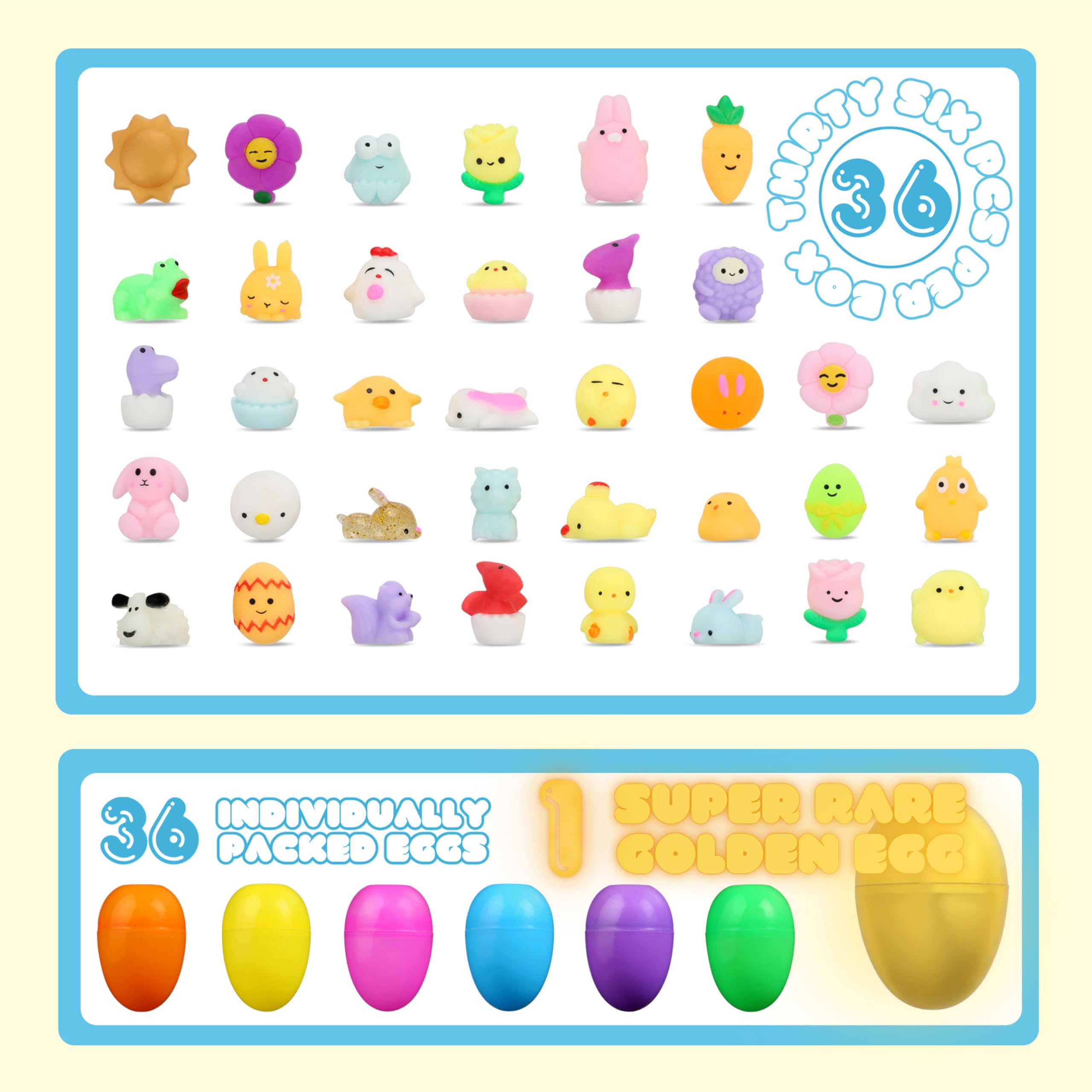 SQUOCHI Easter Mochi squishy egg-open-inside reveals mini toys for gifting.