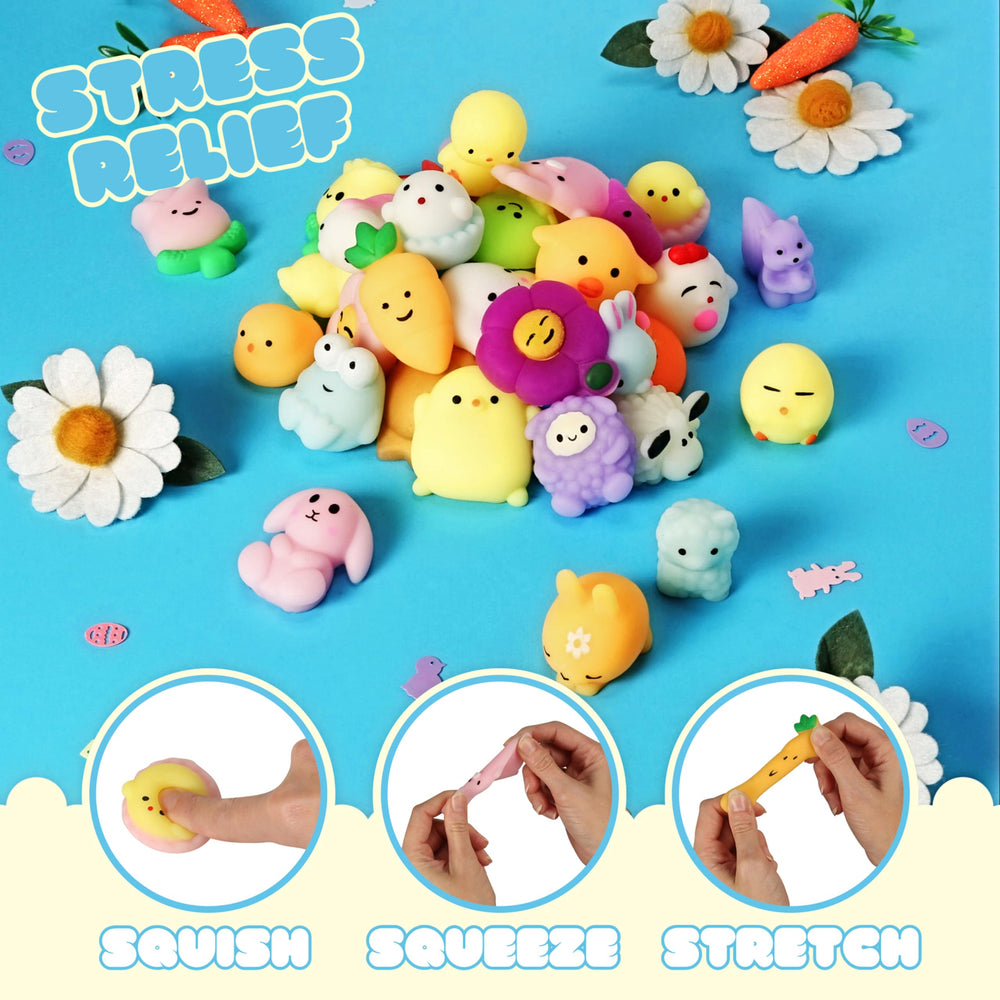 SQUOCHI Easter Mochi squishy mini-different-shapes showcase bright collectible designs.