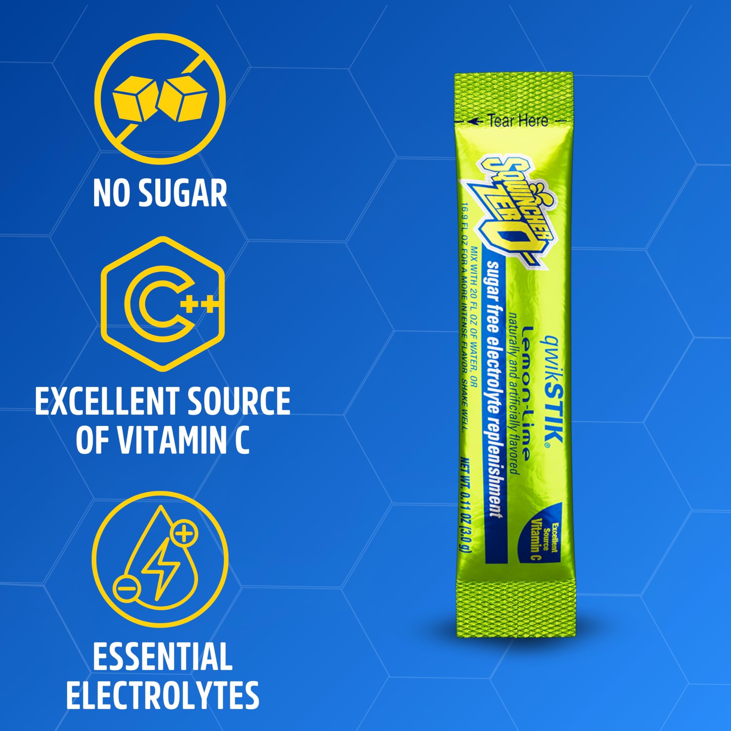 Sqwincher Quik Stik Zero lemon-lime box display shows zero sugar option