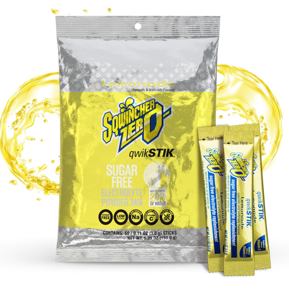 Sqwincher Zero Qwik Stik lemonade packet closeup showing convenient sugar-free hydration