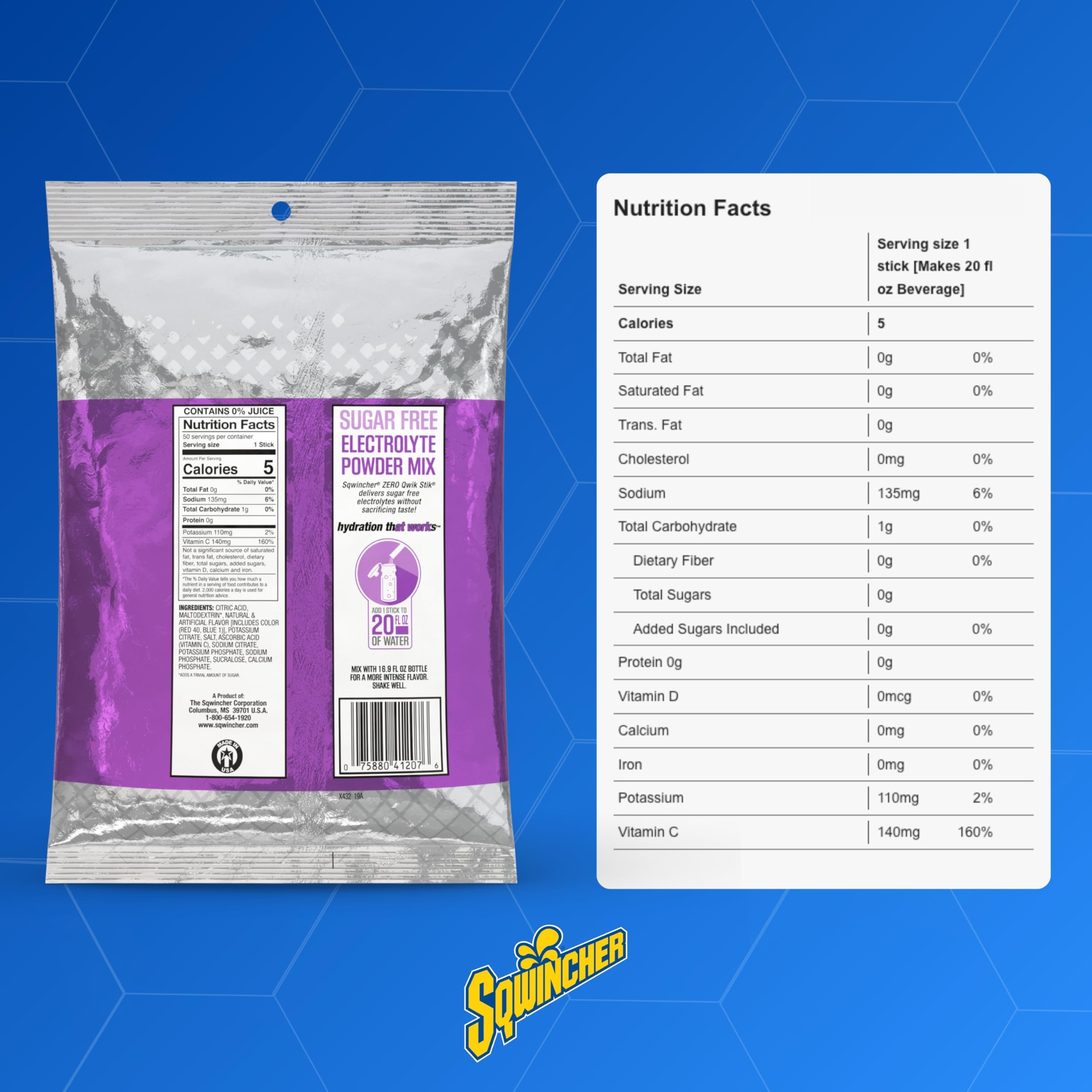Close-up of Sqwincher Zero grape powder for refreshing electrolyte hydration