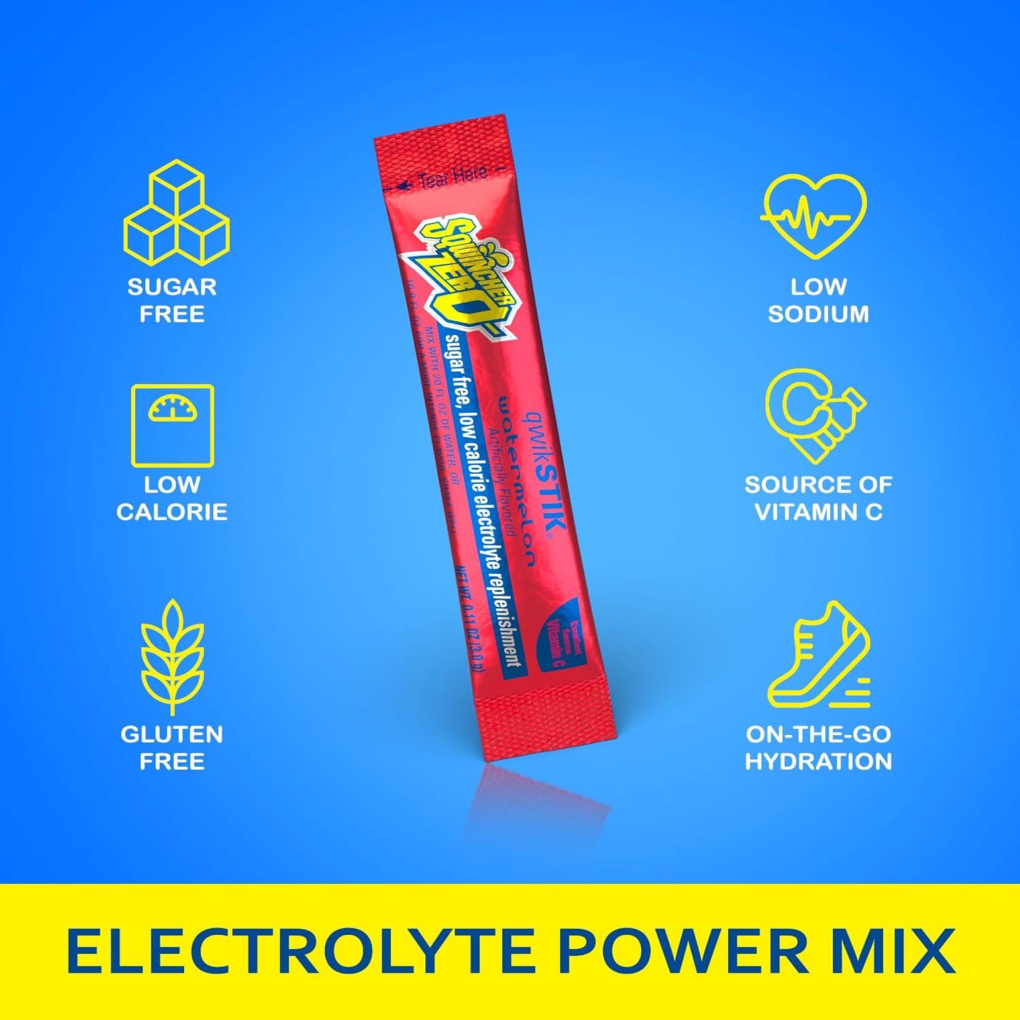 Sqwincher Zero Qwik Stik orange packet for hot-weather hydration.