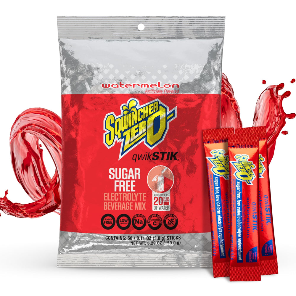 Sqwincher Zero Qwik Stik Watermelon packet ready for on-the-go hydration.
