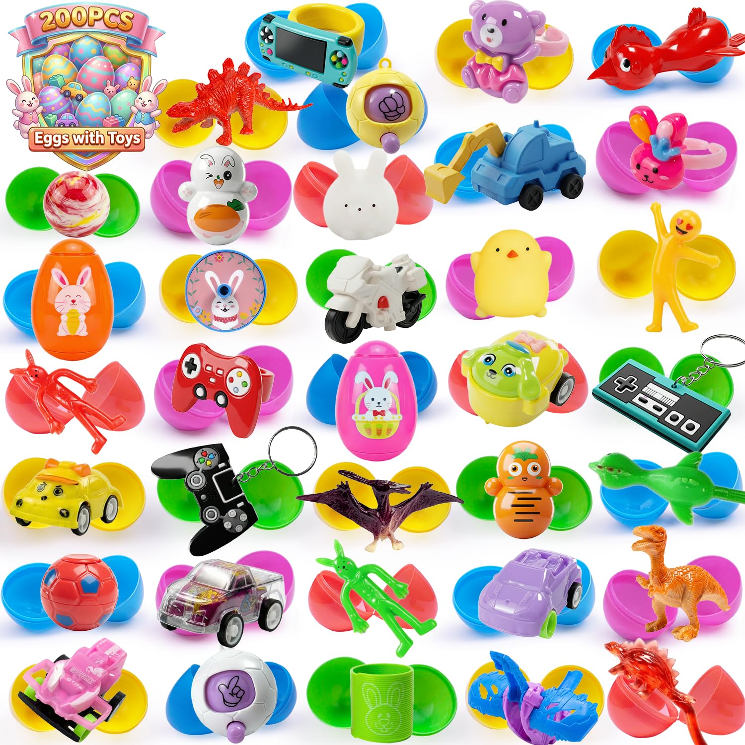 SQZUWIT prefilled Easter eggs box with varied toys for kids during Easter hunts.