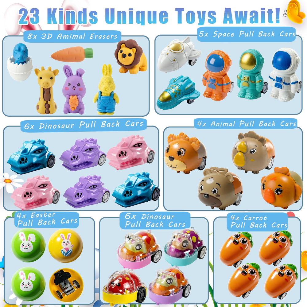 SQZUWIT pull-back cars are among the toys inside eggs for action play.