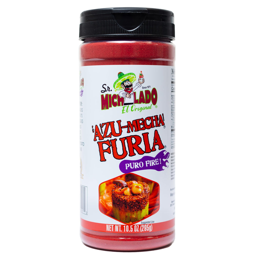 Sr. Michelado Azu-Mecha FURIA seasoning bottle closeup for bold flavor.
