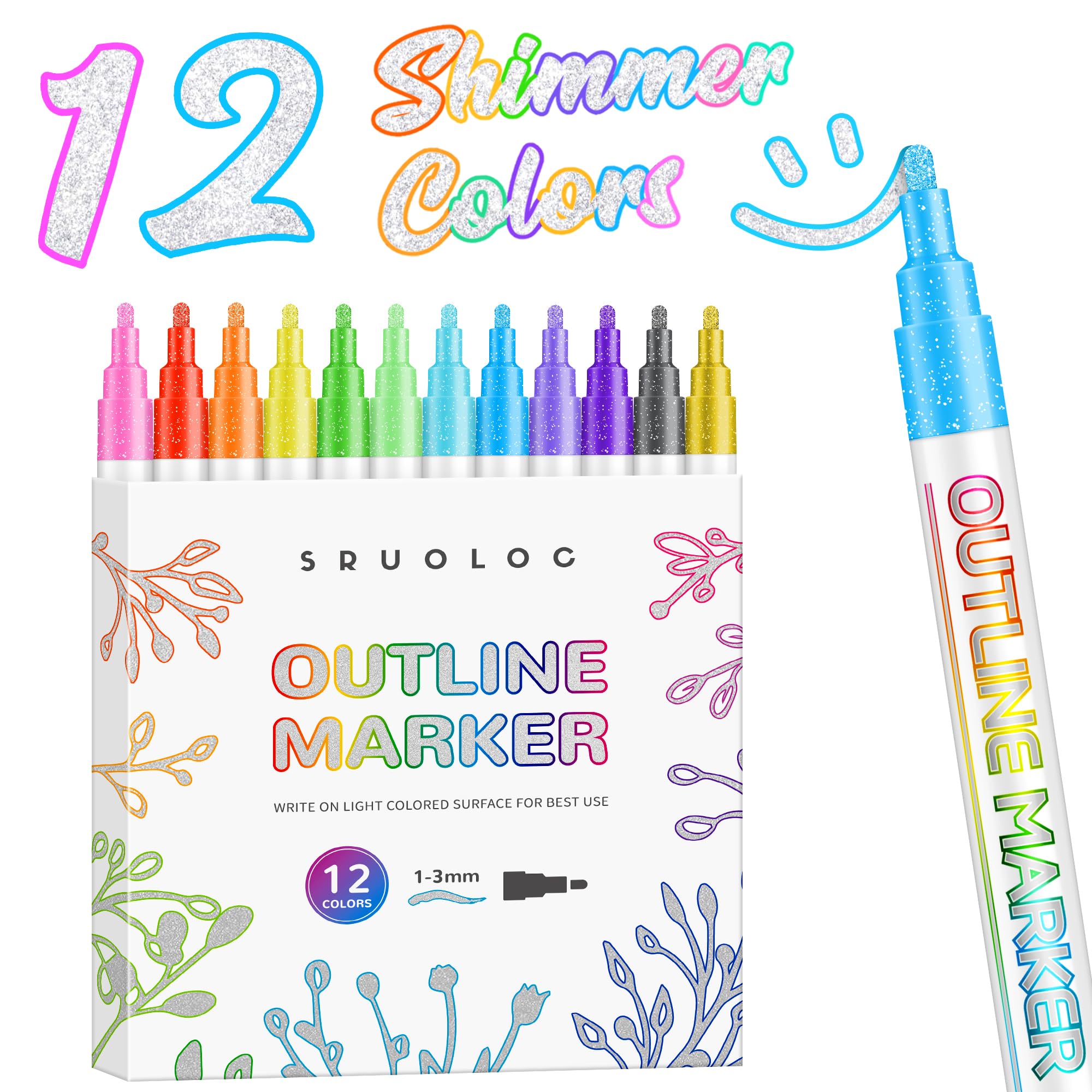 SRUOLOC shimmer markers outline pens create vibrant outlines on cards.