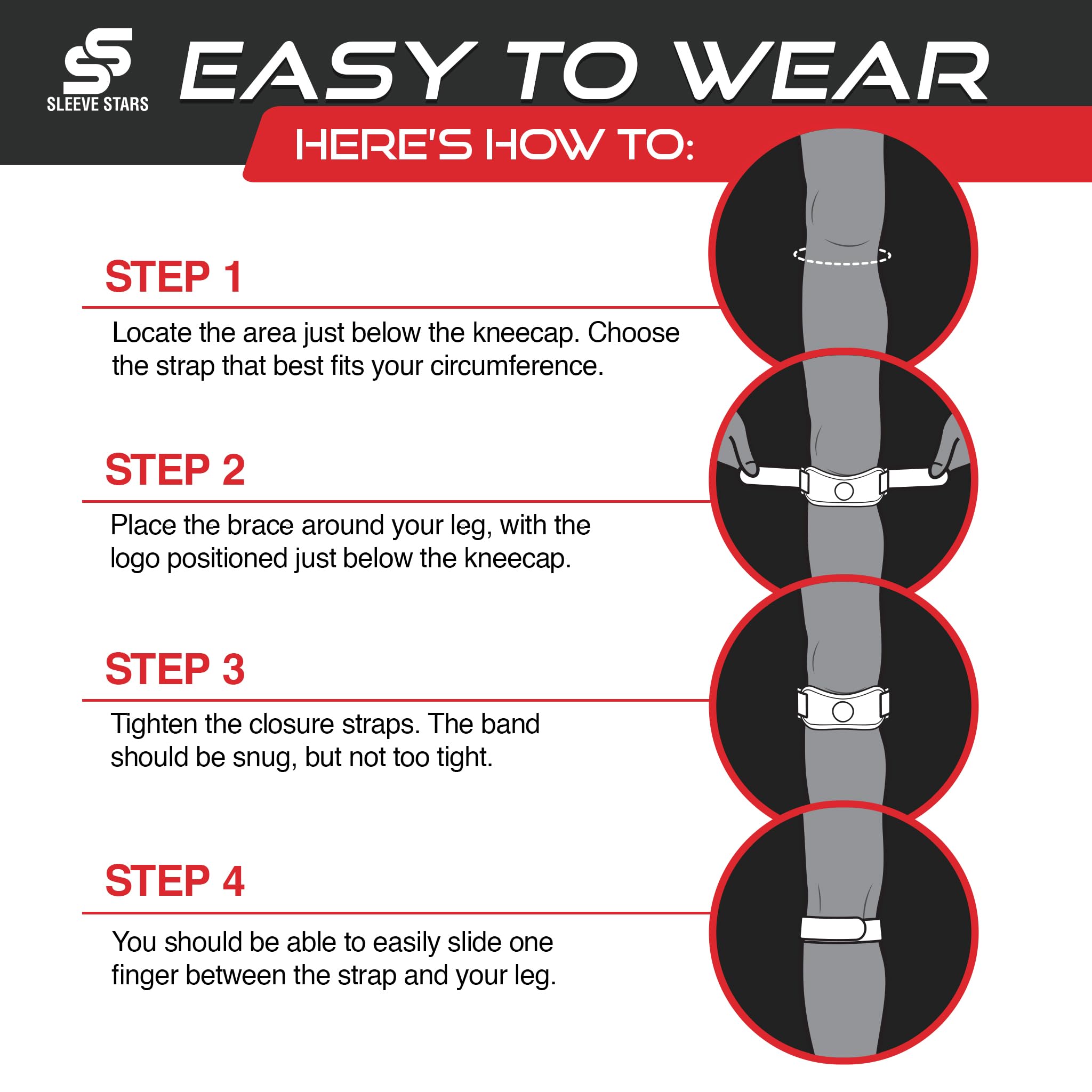 SS Sleeve Stars compact, lightweight knee strap fits under clothing.