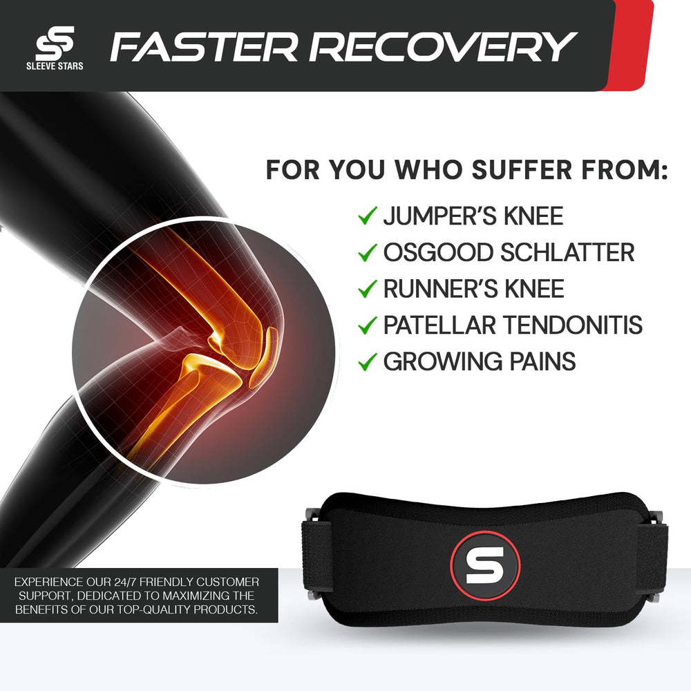SS Sleeve Stars knee strap with three-length adjustable bands for a customizable fit.