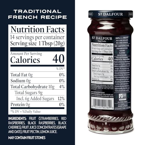 St. Dalfour Four Fruits Spread ingredients France label highlights natural origins.