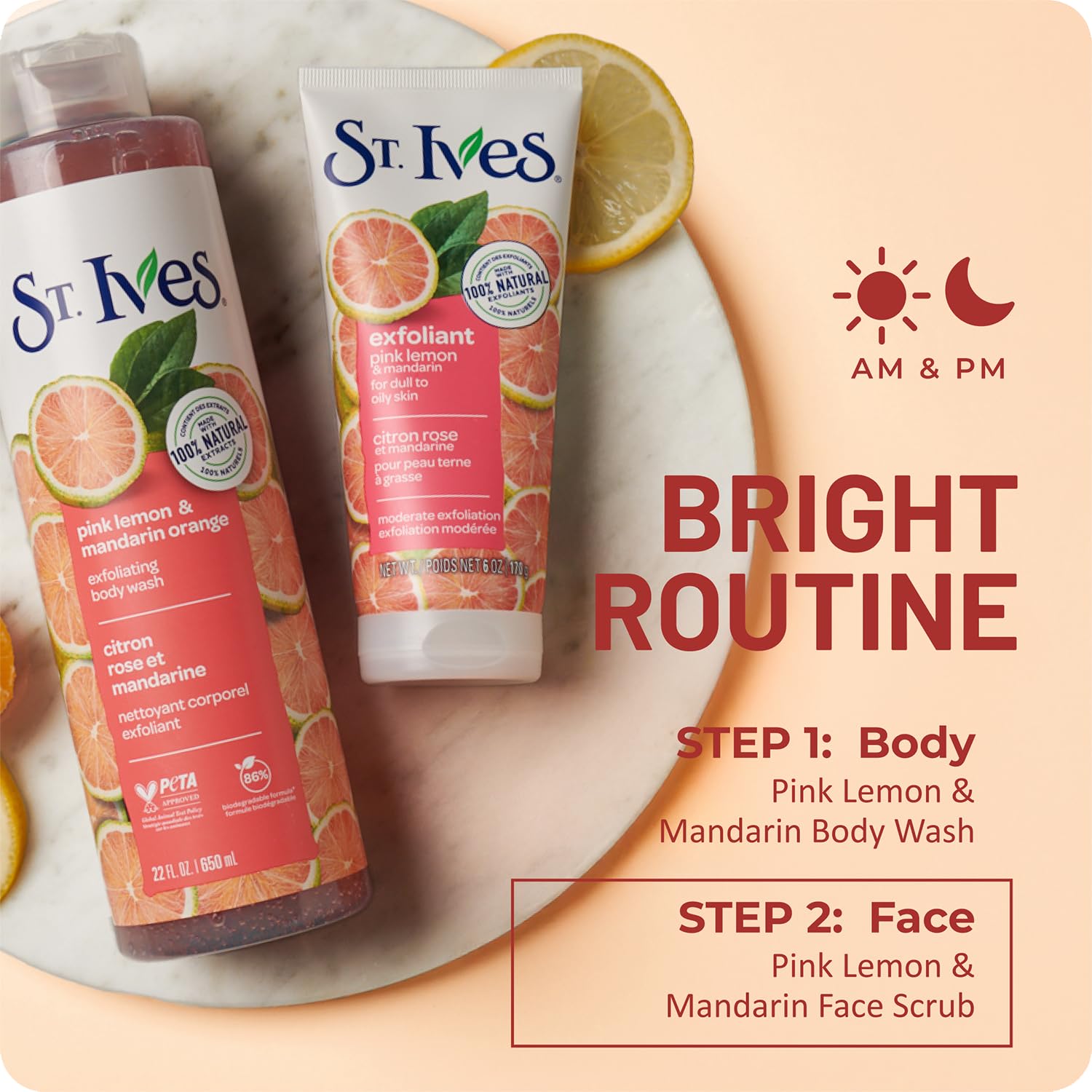 St Ives scrub with lemon peel extract and botanicals for a citrus cleanse.