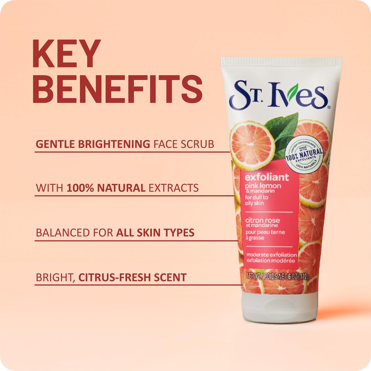 St Ives jar front label highlighting ingredients for radiant skin benefits.