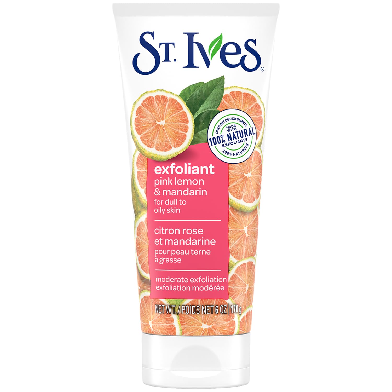 St Ives Pink Lemon & Mandarin scrub jar close-up for brightening skin.