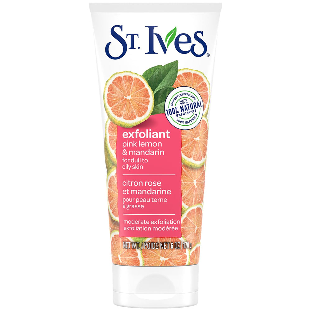 St Ives Pink Lemon & Mandarin scrub jar close-up for brightening skin.