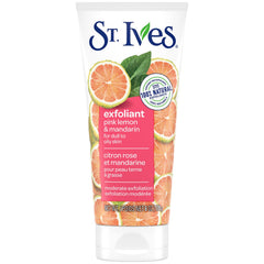 St Ives Pink Lemon & Mandarin scrub jar close-up for brightening skin.