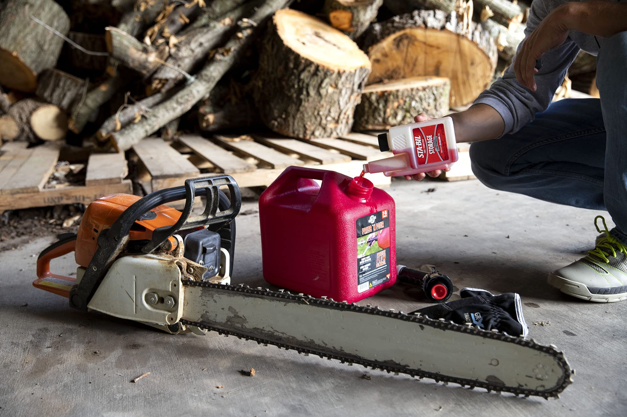 Gasoline can with treated fuel to preserve freshness and performance.