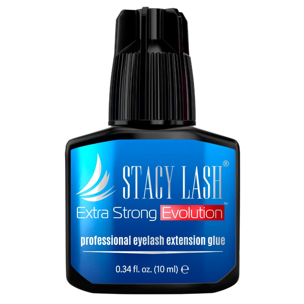 STACY LASH Extra Strong Evolution bottle shows fast-drying adhesive for professional lash artists.