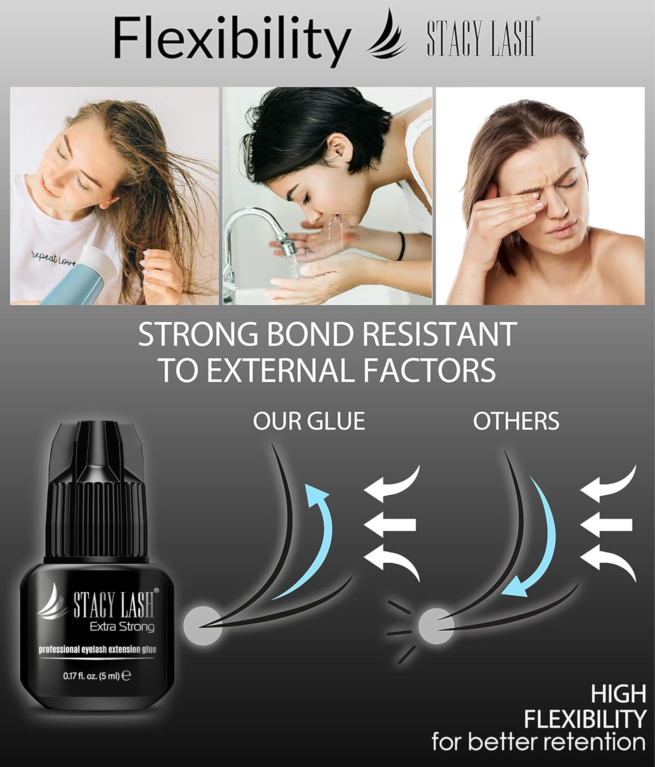 Stacy Lash professional-grade black adhesive delivers strong, lasting bonds.