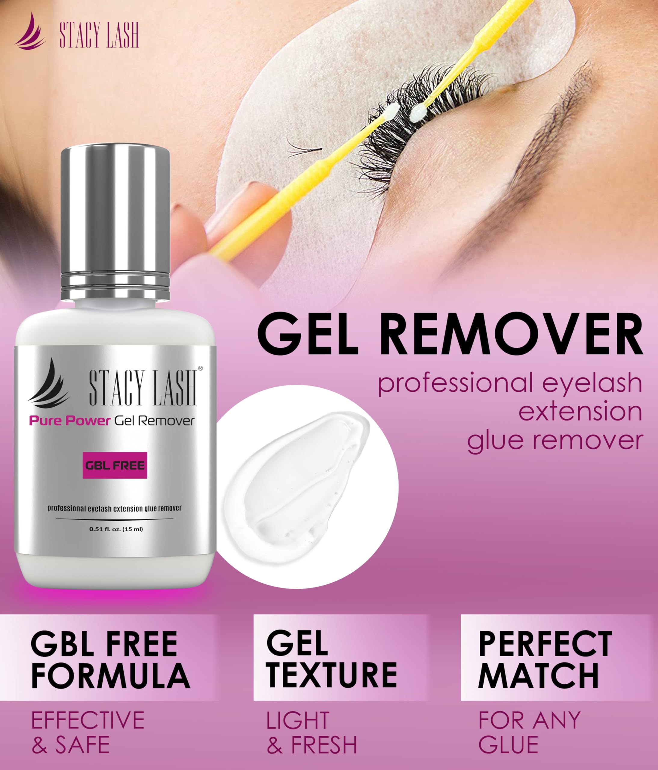 Close-up of STACY LASH remover gel texture for quick dissolution.